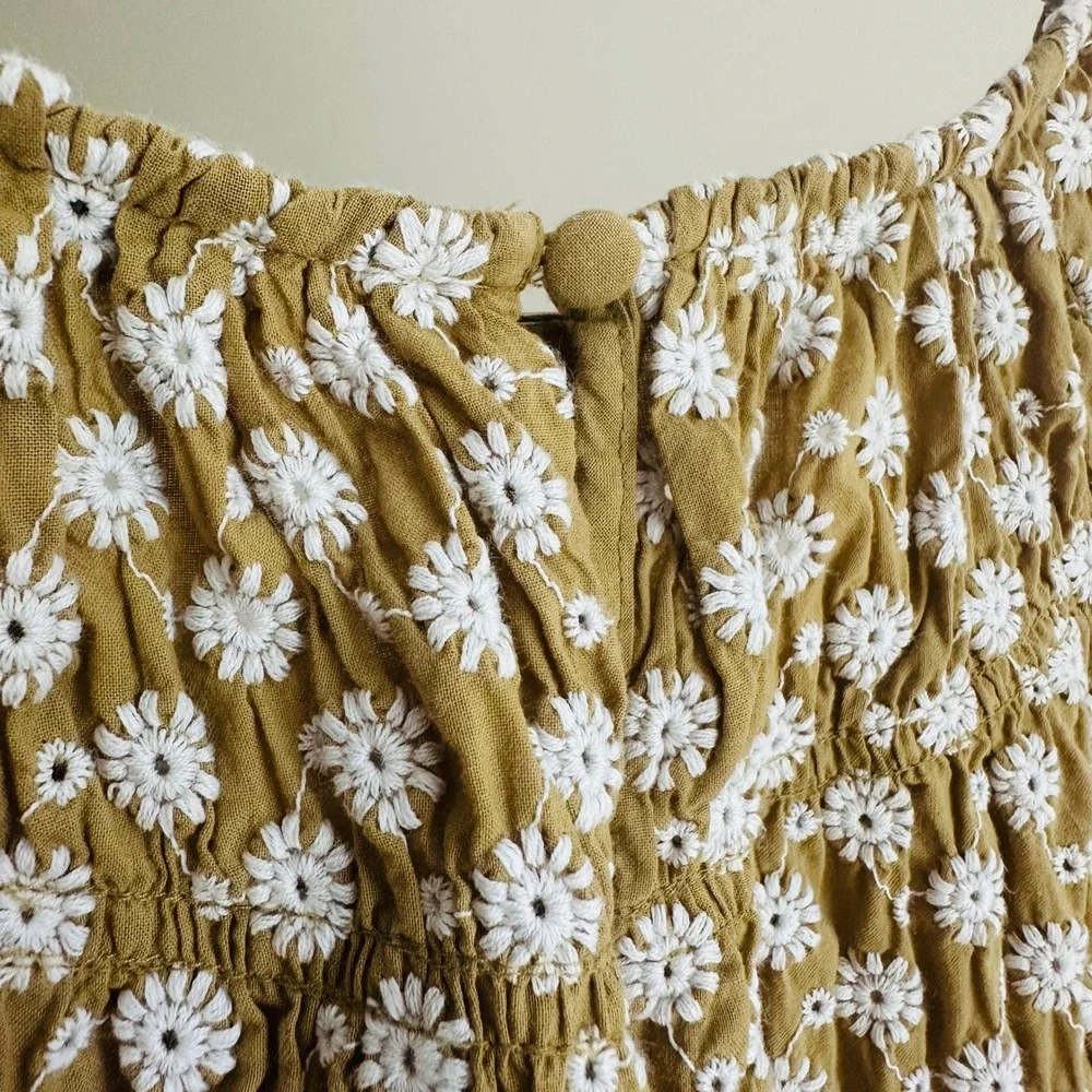 Madewell Mustard Daisy Embroidered Puff Sleeve Blouse Small Romantic 70s Cottage